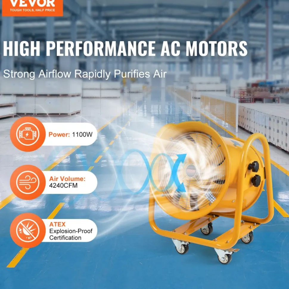 VEVOR Portable Ventilator, 16" Heavy Duty Cylinder Fan, 1100W Strong Shop Exhaust Fan 4240CFM, 16.4ft Power Cord (No charging head), Industrial Utility Blower for Sucking Dust, Smoke Home/Workplace