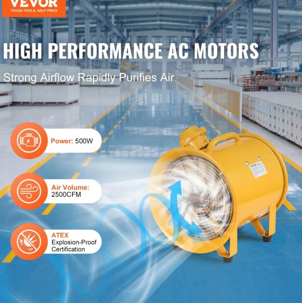 VEVOR Portable Ventilator, 12" Heavy Duty Cylinder Fan, 550W Strong Shop Exhaust Fan 2500CFM, 9.8ft Power Cord (No charging head), Industrial Utility Blower for Sucking Dust, Smoke Home/Workplace