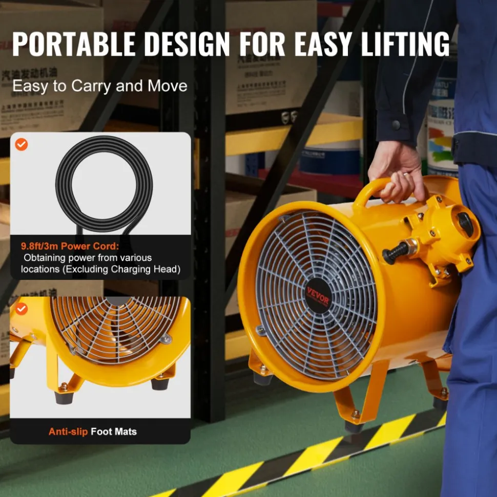 VEVOR Portable Ventilator, 10" Heavy Duty Cylinder Fan, 350W Strong Shop Exhaust Fan 1942CFM, 9.8ft Power Cord (No charging head), Industrial Utility Blower for Sucking Dust, Smoke Home/Workplace
