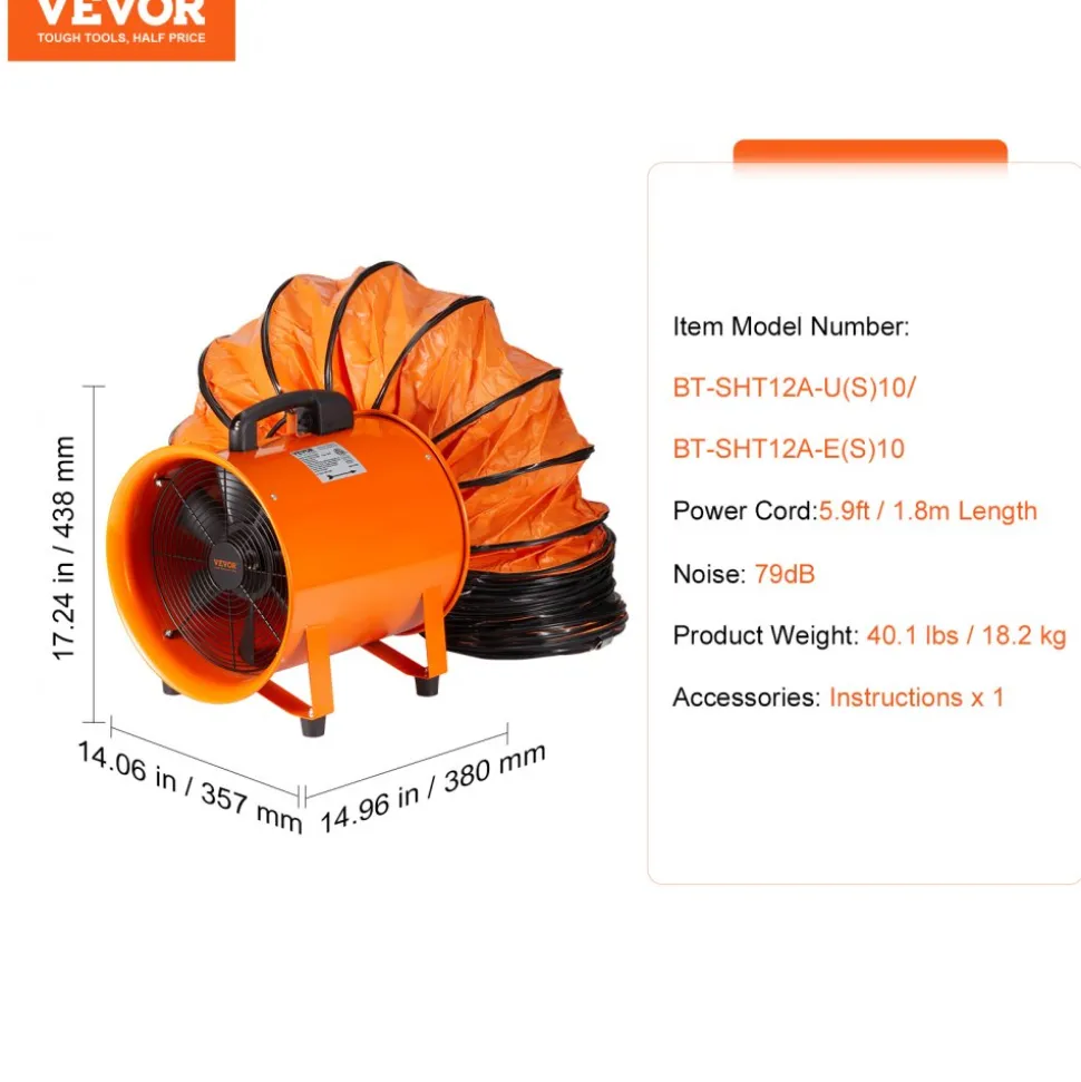 VEVOR Portable Ventilator, 12 inch Heavy Duty Cylinder Fan with 33ft Duct Hose, 585W Strong Shop Exhaust Blower 3198CFM, Industrial Utility Blower for Sucking Dust, Smoke, Smoke Home/Workplace
