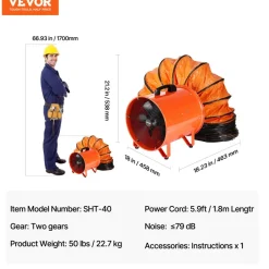 VEVOR Portable Ventilator, 16 inch Heavy Duty Cylinder Fan with 33ft Duct Hose, 1350W Strong Shop Exhaust Blower 5175CFM, Industrial Utility Blower for Sucking Dust, Smoke, Smoke Home/Workplace