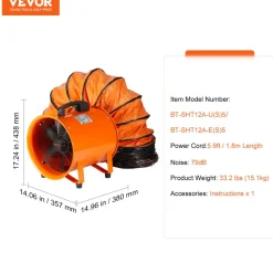VEVOR Portable Ventilator, 12 inch Heavy Duty Cylinder Fan with 16.4ft Duct Hose, 585W Strong Shop Exhaust Blower 3198CFM, Industrial Utility Blower for Sucking Dust, Smoke, Smoke Home/Workplace