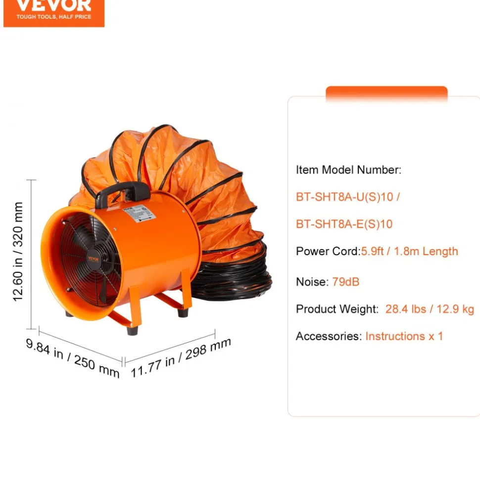 VEVOR Portable Ventilator, 8 inch Heavy Duty Cylinder Fan with 33ft Duct Hose, 195W Strong Shop Exhaust Blower 1070CFM, Industrial Utility Blower for Sucking Dust, Smoke, Smoke Home/Workplace