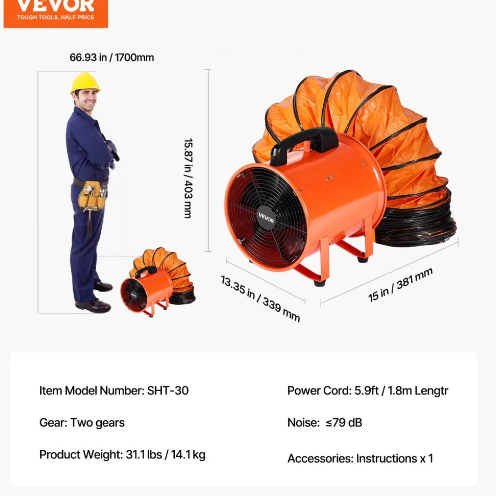 VEVOR Portable Ventilator, 12 inch Heavy Duty Cylinder Fan with 33ft Duct Hose, 560W Strong Shop Exhaust Blower 2894CFM, Industrial Utility Blower for Sucking Dust, Smoke, Smoke Home/Workplace