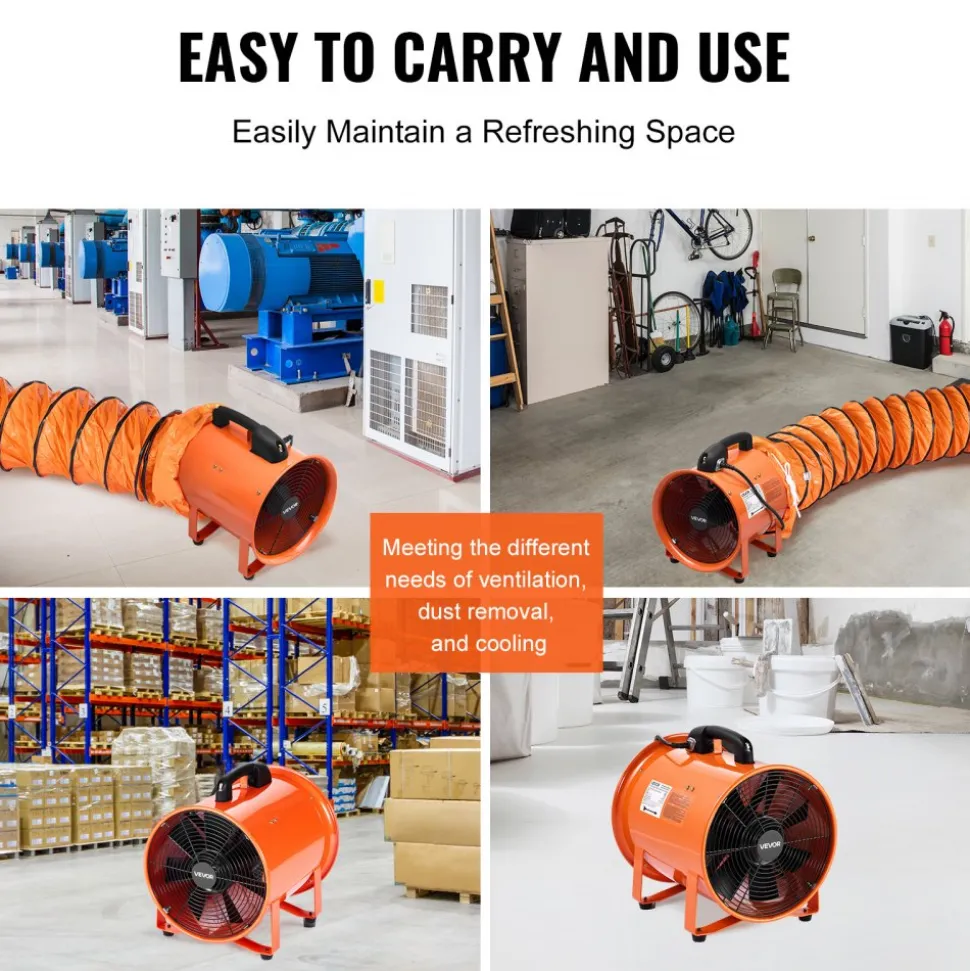 VEVOR Portable Ventilator, 12 inch Heavy Duty Cylinder Fan with 33ft Duct Hose, 560W Strong Shop Exhaust Blower 2894CFM, Industrial Utility Blower for Sucking Dust, Smoke, Smoke Home/Workplace