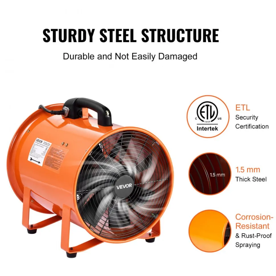 VEVOR Portable Ventilator, 12 inch Heavy Duty Cylinder Fan with 33ft Duct Hose, 560W Strong Shop Exhaust Blower 2894CFM, Industrial Utility Blower for Sucking Dust, Smoke, Smoke Home/Workplace