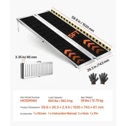 VEVOR Portable Wheelchair Ramp, 5FT, Non-Slip Aluminum Folding Handicap Ramp for Wheelchair, 800 lbs Capacity, Door Threshold Ramps for Home Steps, Stairs, Entry, Threshold, Doorways, Scooter, Curbs