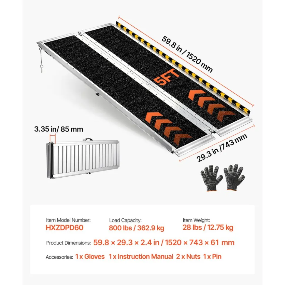 VEVOR Portable Wheelchair Ramp, 5FT, Non-Slip Aluminum Folding Handicap Ramp for Wheelchair, 800 lbs Capacity, Door Threshold Ramps for Home Steps, Stairs, Entry, Threshold, Doorways, Scooter, Curbs