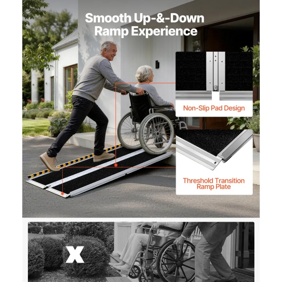 VEVOR Portable Wheelchair Ramp, 5FT, Non-Slip Aluminum Folding Handicap Ramp for Wheelchair, 800 lbs Capacity, Door Threshold Ramps for Home Steps, Stairs, Entry, Threshold, Doorways, Scooter, Curbs