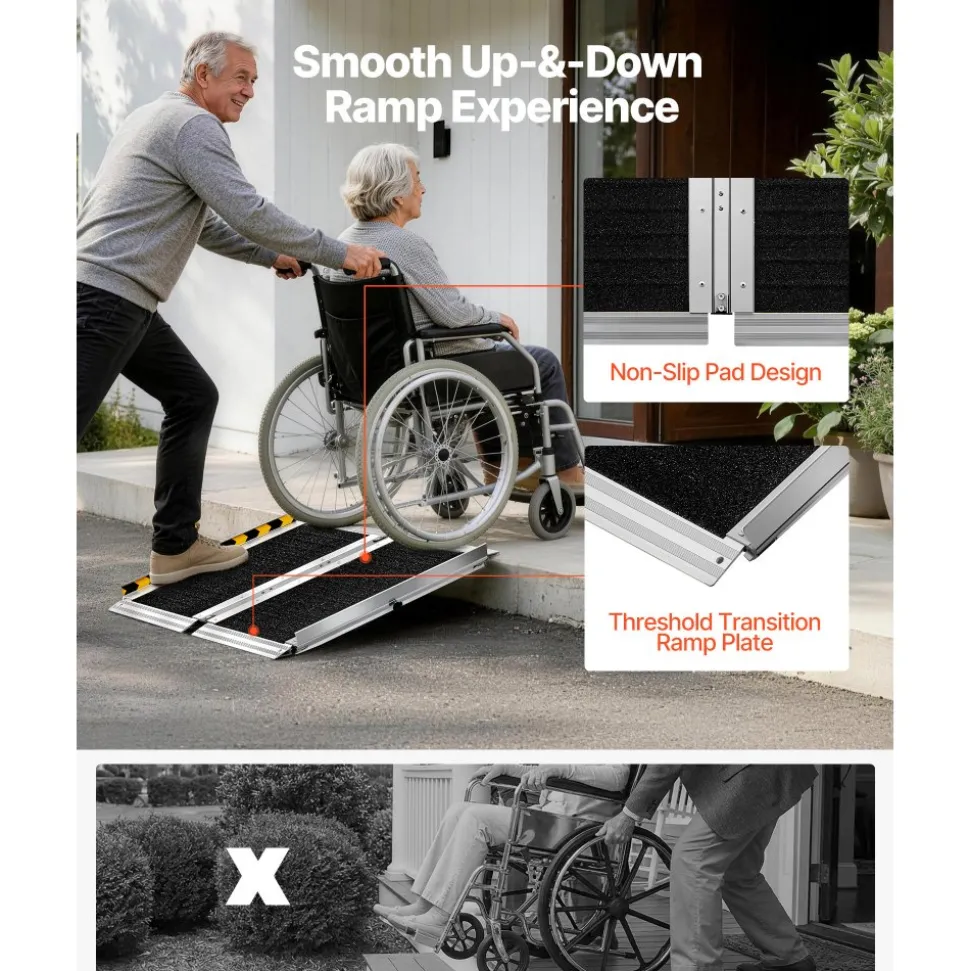VEVOR Portable Wheelchair Ramp, 2FT, Non-Slip Aluminum Folding Handicap Ramp for Wheelchair, 800 lbs Capacity, Door Threshold Ramps for Home Steps, Stairs, Entry, Threshold, Doorways, Scooter, Curbs