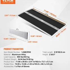 VEVOR Portable Wheelchair Ramp, 6 ft 800 lbs Capacity, Non-Slip Aluminum Folding Threshold Ramp, Foldable Mobility Scooter Ramp Wheel Chair Ramp, Handicap Ramp for Home Steps, Stairs, Doorways, Curbs