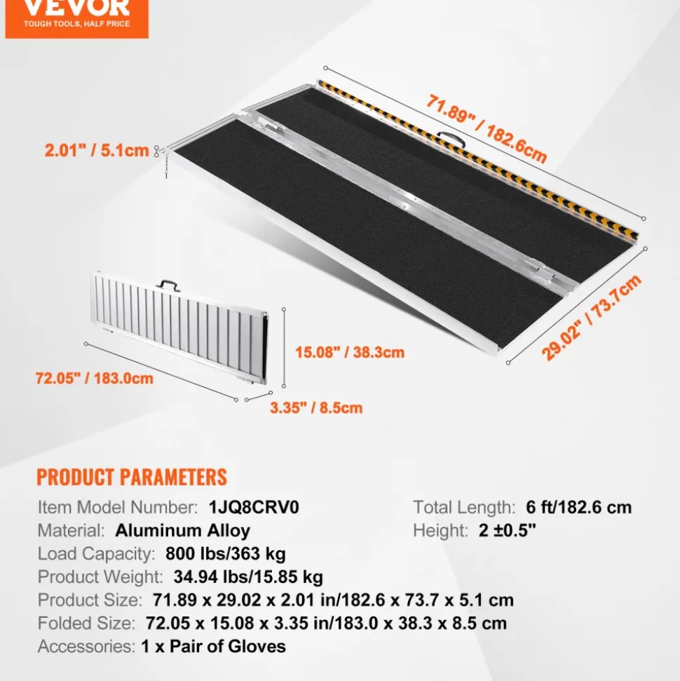 VEVOR Portable Wheelchair Ramp, 6 ft 800 lbs Capacity, Non-Slip Aluminum Folding Threshold Ramp, Foldable Mobility Scooter Ramp Wheel Chair Ramp, Handicap Ramp for Home Steps, Stairs, Doorways, Curbs