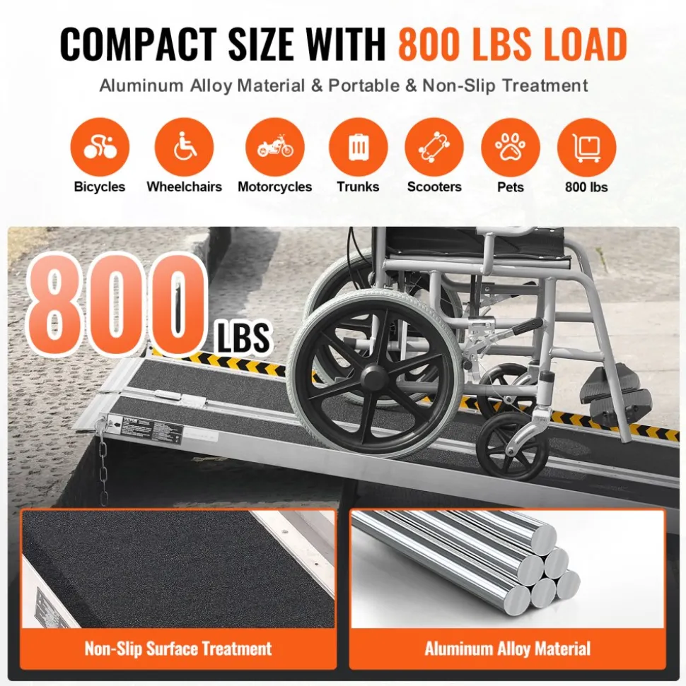 VEVOR Portable Wheelchair Ramp, 6 ft 800 lbs Capacity, Non-Slip Aluminum Folding Threshold Ramp, Foldable Mobility Scooter Ramp Wheel Chair Ramp, Handicap Ramp for Home Steps, Stairs, Doorways, Curbs