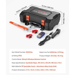 VEVOR Portable Winch, 6000 lbs 12V DC Electric Winch with Synthetic Rope, Wireless & Wired Remotes, Box-Style Recovery Kit with Fairlead, Clevis Hook, Strap for ATV UTV Off-Road Outdoor Pulling Tasks
