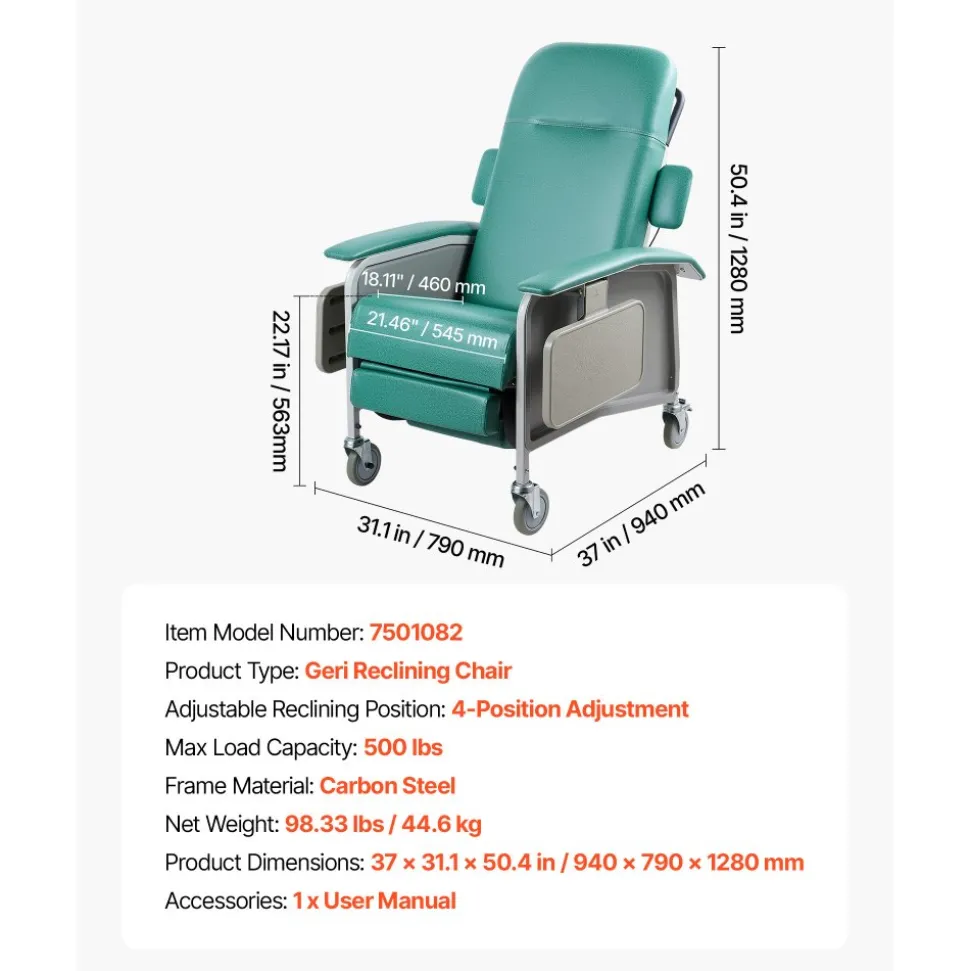 VEVOR 4-Position Geri Reclining Chair 500LBS Capacity Geri Chair Recliner, 4-Wheel Medical Recliner Chairs with Trendelenburg, Soft Padded Seat & Trays for Hospitals, Clinics, Geriatric Home Care