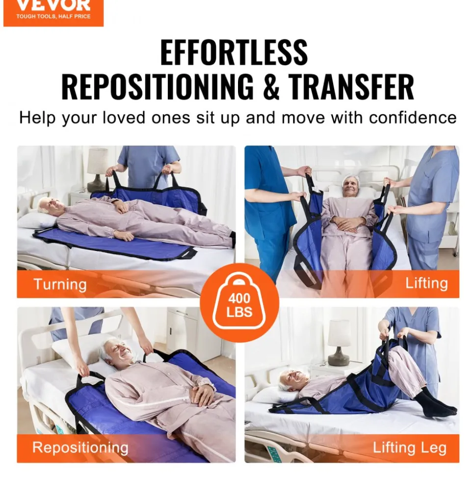 VEVOR Positioning Bed Pad with 8 Reinforced Handles, 48" x 40" Lifting, Turning, Repositioning, Patient Transfer Sheet Washable for Elderly, Patient, Bedridden, 400LBS Capacity