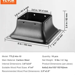 VEVOR Post Base 4x4 10Pcs, Internal 3.6