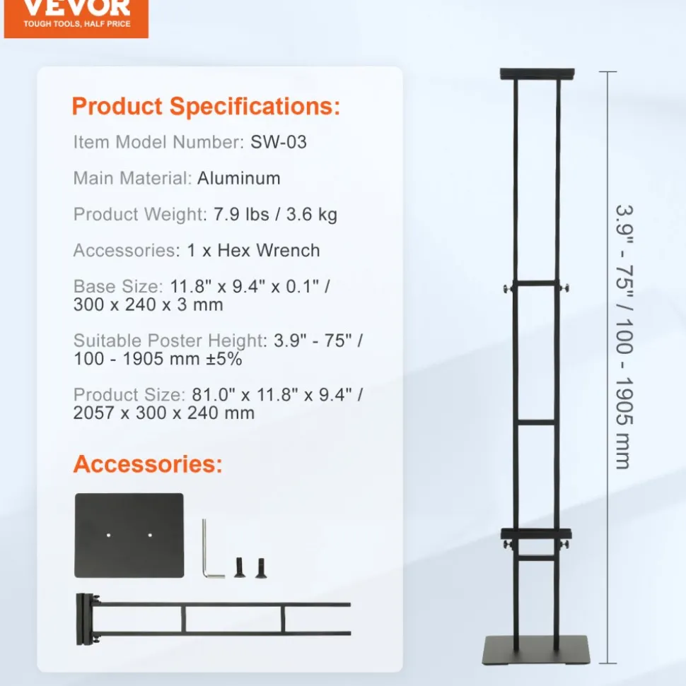 VEVOR Poster Stand, Adjustable Height Up to 75", Double-Sided Heavy Duty Pedestal Sign Holder, Floor Standing Sign Holder Banner Stand with Shock-absorbing Base for Display, for Board and Foam, Black