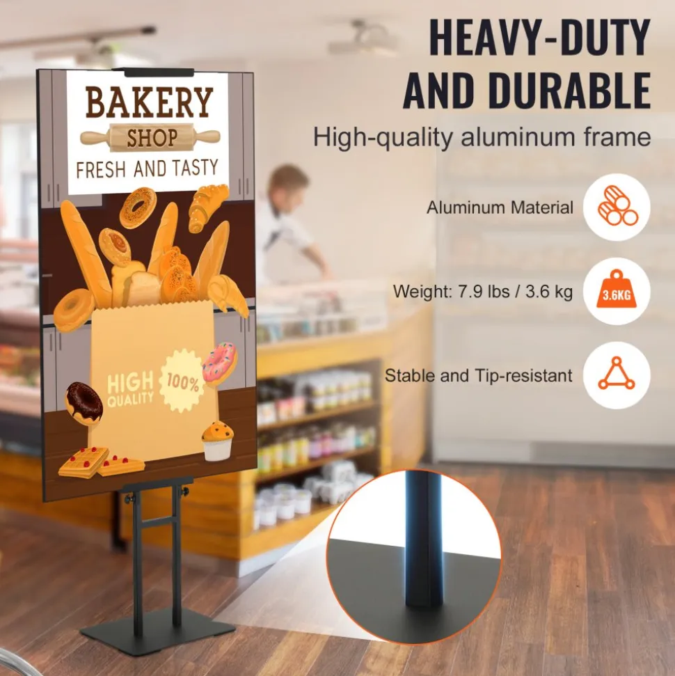 VEVOR Poster Stand, Adjustable Height Up to 75", Double-Sided Heavy Duty Pedestal Sign Holder, Floor Standing Sign Holder Banner Stand with Shock-absorbing Base for Display, for Board and Foam, Black