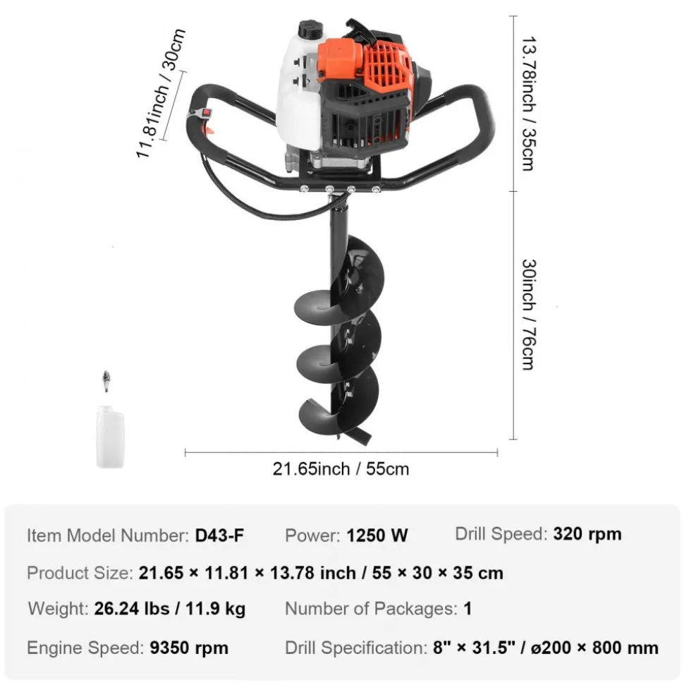VEVOR Post Hole Digger, 43cc 1250W Auger Post Hole digger, Gas Powered Earth Digger with 8" Earth Auger Drill Bit, 30 inch Long Alloy Steel Auger, for Farmland, Garden and Plant, EPA certification