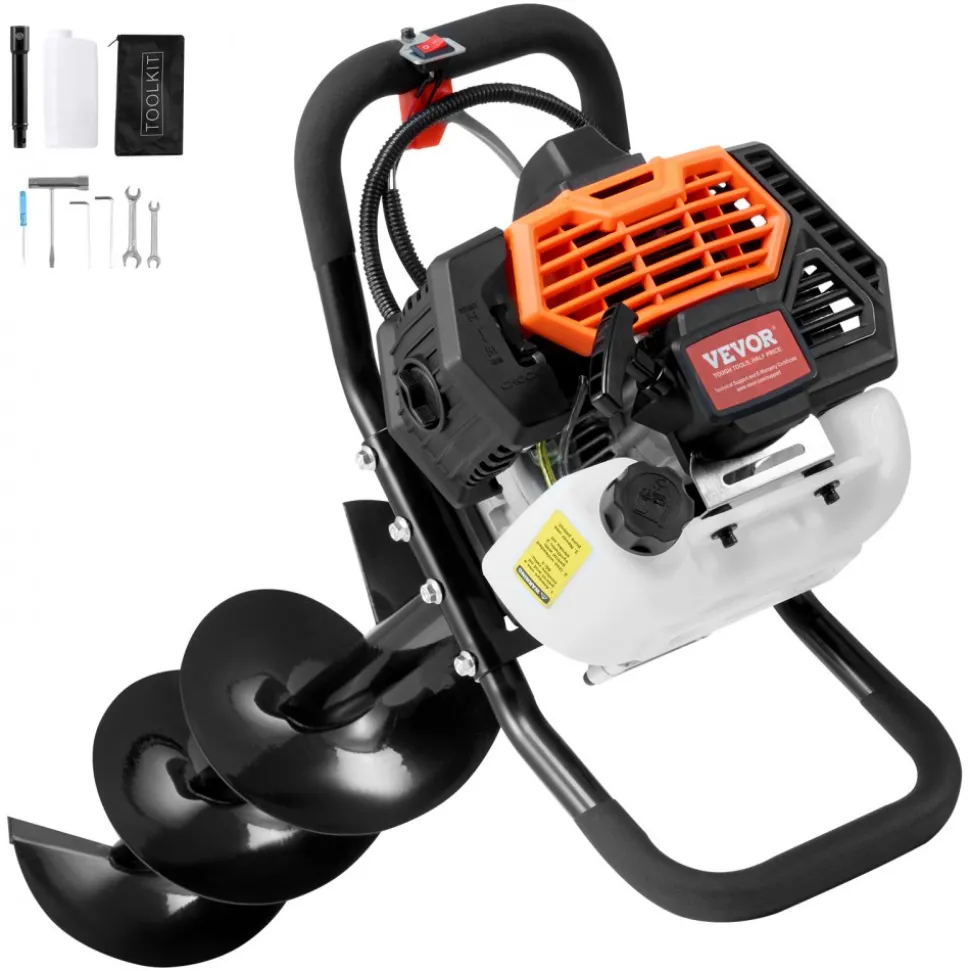 VEVOR Post Hole Digger Gas Powered, 52CC 1450W Earth Auger, Gas Auger with 8” Auger Drill Action Design Bits & 1 Extension Rod, Post Fence Hole Digger for Farmland Garden Plant, Orange+Black