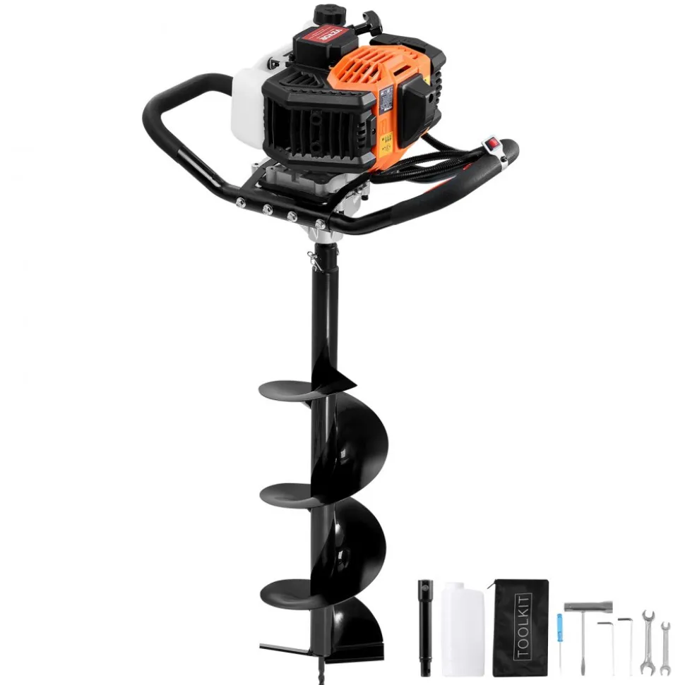 VEVOR Post Hole Digger Gas Powered, 52CC 1450W Earth Auger, Gas Auger with 8” Auger Drill Action Design Bits & 1 Extension Rod, Post Fence Hole Digger for Farmland Garden Plant, Orange+Black