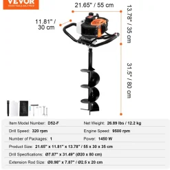 VEVOR Post Hole Digger Gas Powered, 52CC 1450W Earth Auger, Gas Auger with 8” Auger Drill Action Design Bits & 1 Extension Rod, Post Fence Hole Digger for Farmland Garden Plant, Orange+Black