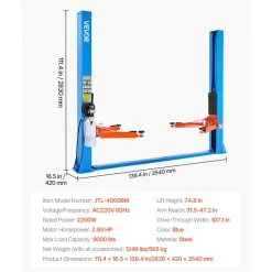 VEVOR 2 Post Lift, 9000 lbs Capacity, 220V 2.95 HP Powerful Motor, Two Post Car Lift Auto Hoist for Sedan SUV Pickup, Automotive Hoist 74.8 Inch Height for Home Garage, Repair Shop, Workshop, Blue