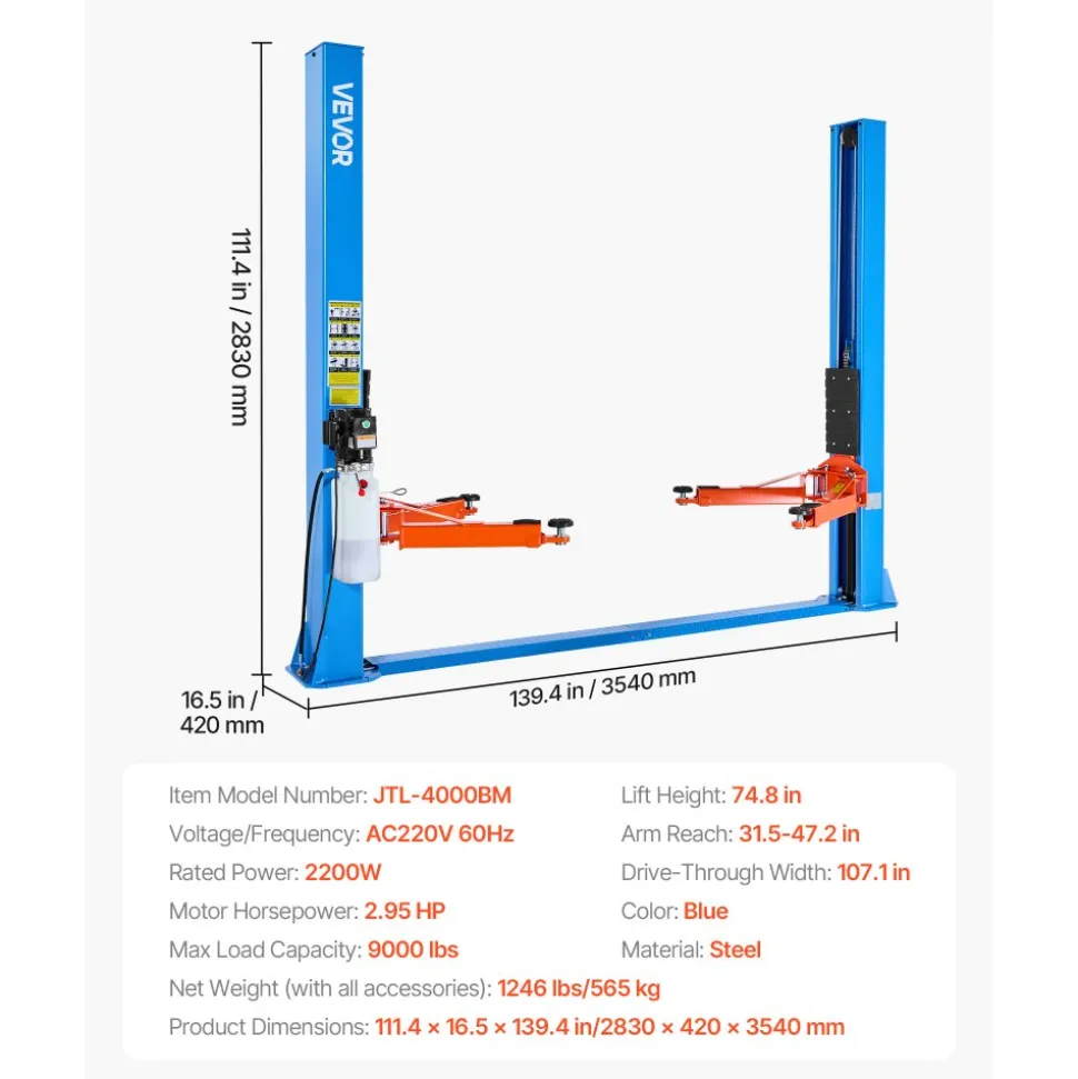 VEVOR 2 Post Lift, 9000 lbs Capacity, 220V 2.95 HP Powerful Motor, Two Post Car Lift Auto Hoist for Sedan SUV Pickup, Automotive Hoist 74.8 Inch Height for Home Garage, Repair Shop, Workshop, Blue