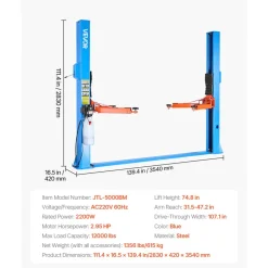VEVOR 2 Post Lift, 12000 lbs Capacity, 220V 2.95 HP Powerful Motor, Two Post Car Lift Auto Hoist for Sedan SUV Pickup, Automotive Hoist 74.8 Inch Height for Home Garage, Repair Shop, Workshop, Blue