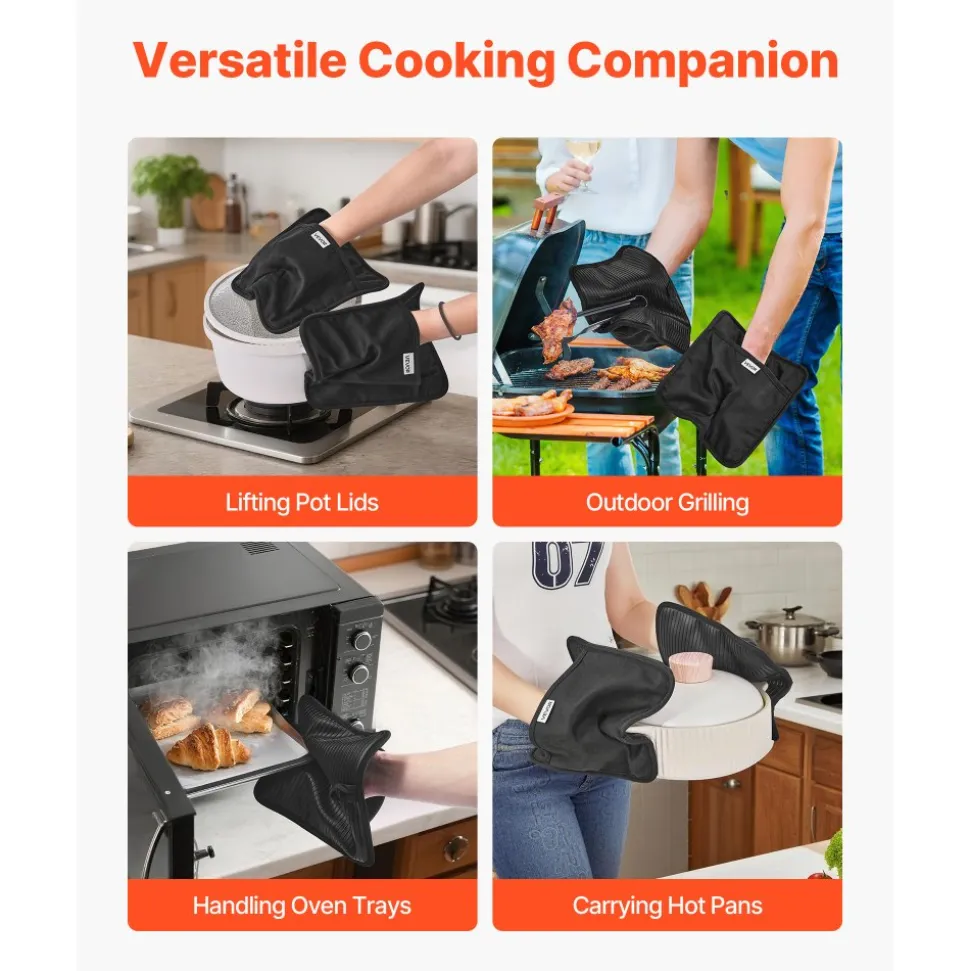 VEVOR Pot Holders, Heat Resistant to 500°F with Ribbed Soft Anti-Slip Silicone Strips, 100% Cotton 9.06 x 8.98 inch Hot Pads with 2 No-Marks Hooks, Washable Pot Trivets for Kitchen & Barbeque, 2 Pack