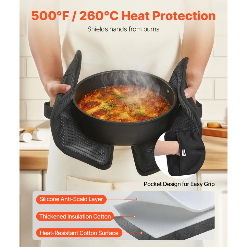VEVOR Pot Holders, Heat Resistant to 500°F with Ribbed Soft Anti-Slip Silicone Strips, 100% Cotton 9.06 x 8.98 inch Hot Pads with 2 No-Marks Hooks, Washable Pot Trivets for Kitchen & Barbeque, 2 Pack