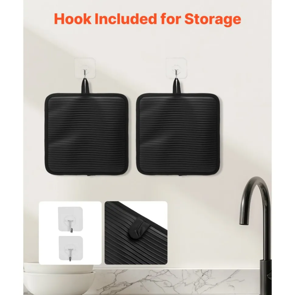 VEVOR Pot Holders, Heat Resistant to 500°F with Ribbed Soft Anti-Slip Silicone Strips, 100% Cotton 9.06 x 8.98 inch Hot Pads with 2 No-Marks Hooks, Washable Pot Trivets for Kitchen & Barbeque, 2 Pack