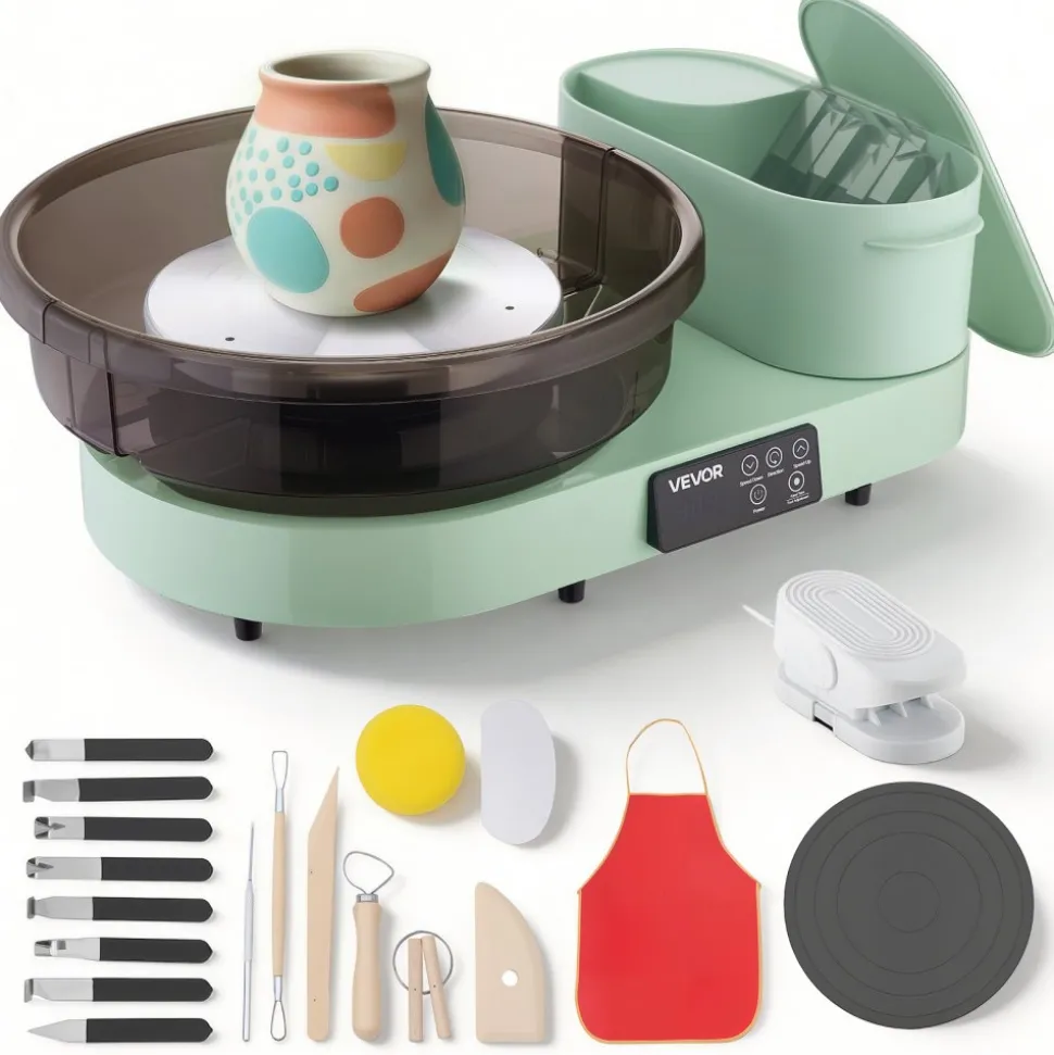 VEVOR Pottery Wheel for Adults, 14" and 11" Turntables, 450W Electric Table Top Pottery Wheel with Foot Pedal, 30-300 RPM Adjustable Speed, Aluminum Body, for Beginners, DIY Clay Art Craft, Green