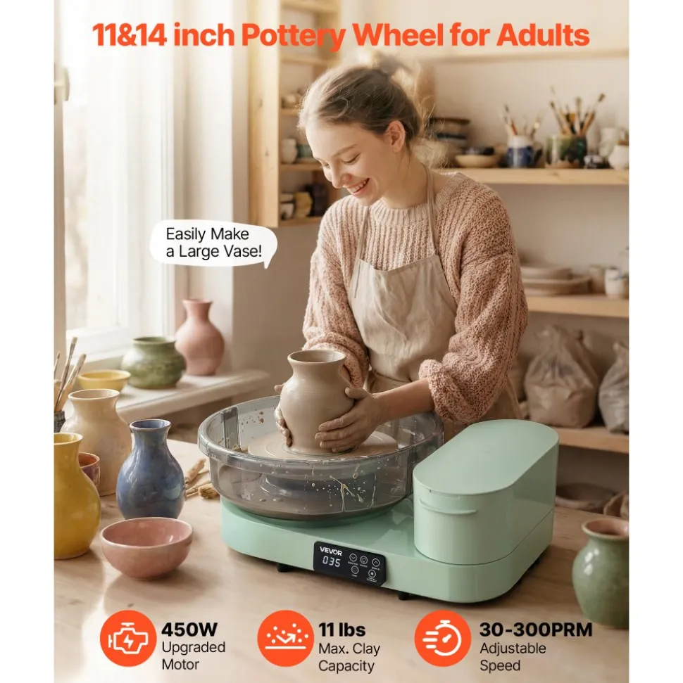 VEVOR Pottery Wheel for Adults, 14" and 11" Turntables, 450W Electric Table Top Pottery Wheel with Foot Pedal, 30-300 RPM Adjustable Speed, Aluminum Body, for Beginners, DIY Clay Art Craft, Green