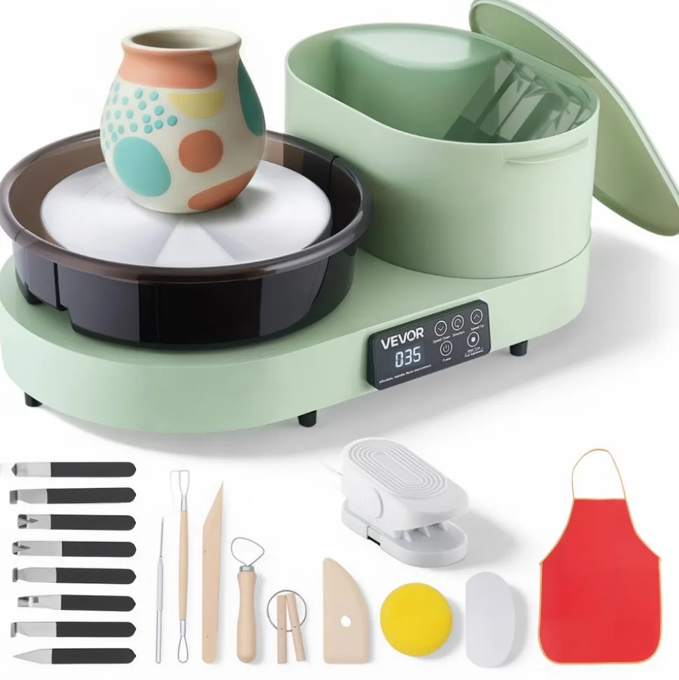 VEVOR Pottery Wheel for Adults, 11" Aluminum Turntable, 450W Electric Table Top Pottery Wheel with Foot Pedal, 30-300 RPM Adjustable Speed, Aluminum Body, for Beginners, DIY Clay Art Craft, Green
