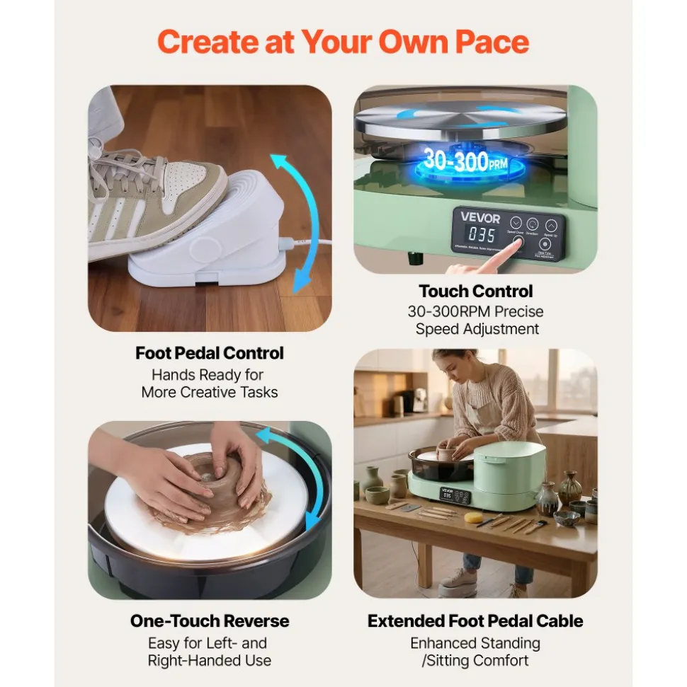 VEVOR Pottery Wheel for Adults, 11" Aluminum Turntable, 450W Electric Table Top Pottery Wheel with Foot Pedal, 30-300 RPM Adjustable Speed, Aluminum Body, for Beginners, DIY Clay Art Craft, Green
