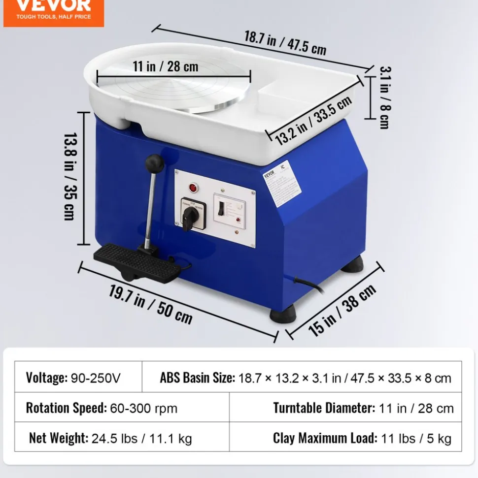VEVOR Pottery Wheel for Adults and Beginners, 350W, 11in Clay Wheel Forming Machine, Adjustable 0-300RPM Speed Handle and Pedal Control, ABS Detachable Basin, Accessory Kit for Craft DIY, Blue Updated
