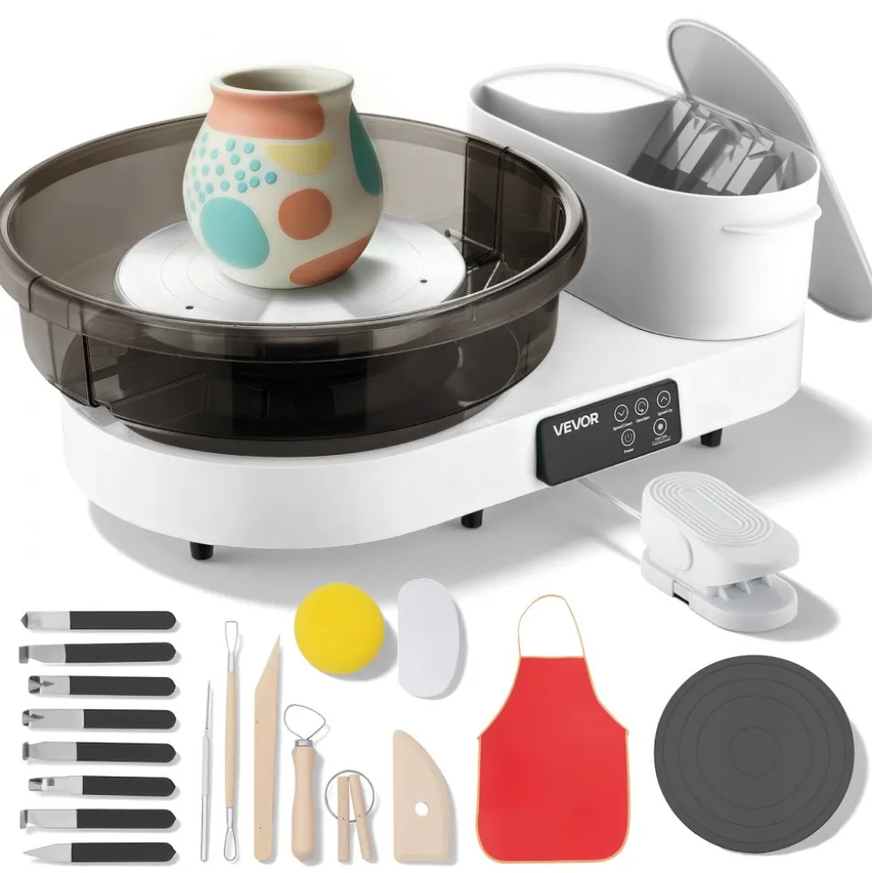 VEVOR Pottery Wheel for Adults, 14" and 11" Turntables, 450W Electric Table Top Pottery Wheel with Foot Pedal, 30-300 RPM Adjustable Speed, Aluminum Body, for Beginners, DIY Clay Art Craft, White