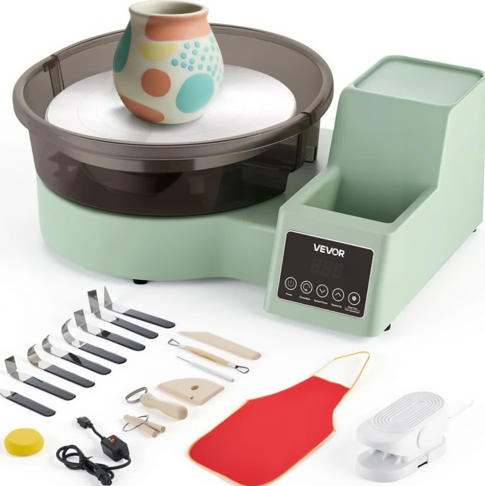 VEVOR Pottery Wheel for Adults, 11" Aluminum Turntable, 450W Electric Table Top Pottery Wheel with Foot Pedal, 30-300 RPM Adjustable Speed, Detachable Basin, for Beginners, DIY Clay Art Craft, Green
