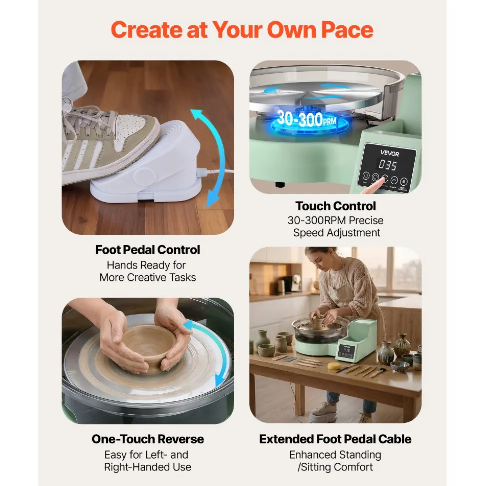 VEVOR Pottery Wheel for Adults, 11" Aluminum Turntable, 450W Electric Table Top Pottery Wheel with Foot Pedal, 30-300 RPM Adjustable Speed, Detachable Basin, for Beginners, DIY Clay Art Craft, Green