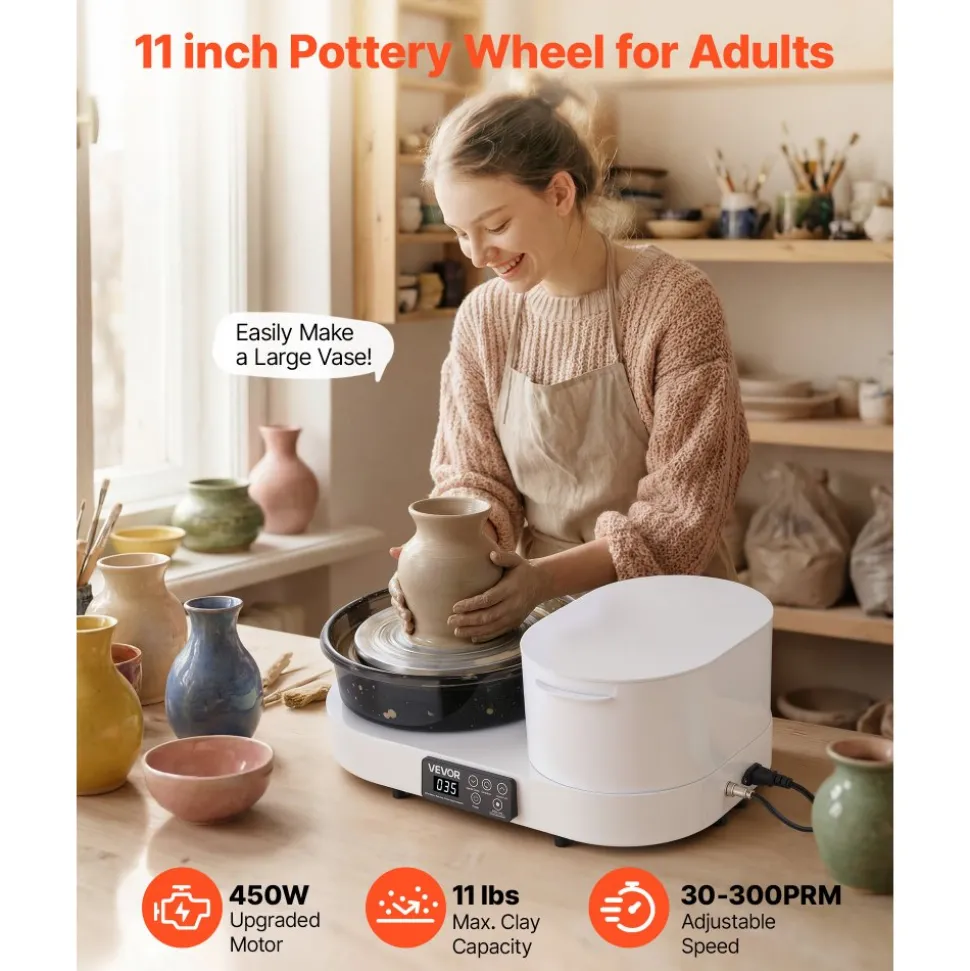 VEVOR Pottery Wheel for Adults, 11" Aluminum Turntable, 450W Electric Table Top Pottery Wheel with Foot Pedal, 30-300 RPM Adjustable Speed, Aluminum Body, for Beginners, DIY Clay Art Craft, White