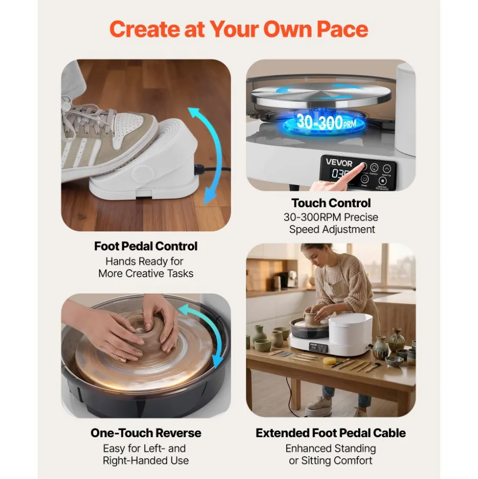 VEVOR Pottery Wheel for Adults, 11" Aluminum Turntable, 450W Electric Table Top Pottery Wheel with Foot Pedal, 30-300 RPM Adjustable Speed, Aluminum Body, for Beginners, DIY Clay Art Craft, White