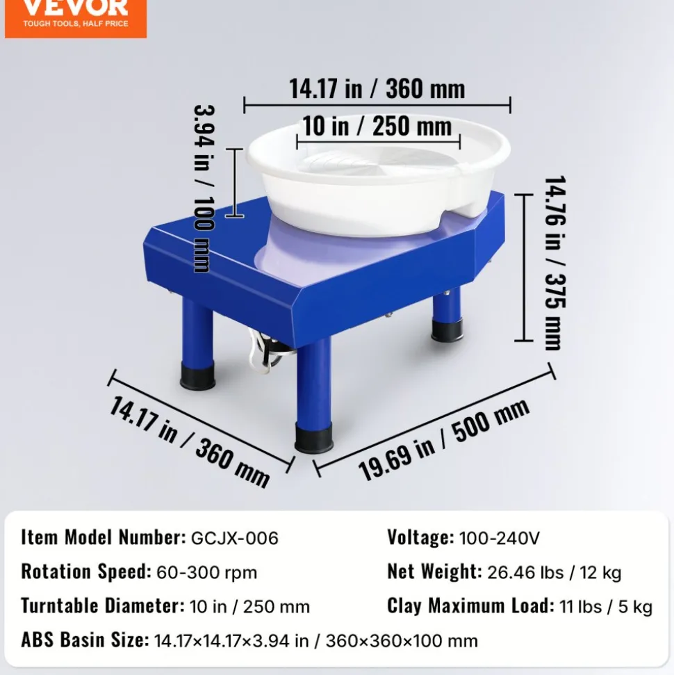 VEVOR Pottery Wheel, 10 in Ceramic Wheel Forming Machine, 60-300 RPM Adjustable Speed with Foot Pedal, ABS Detachable Basin, Manual LCD Panel, Sculpting Tool and Apron, for Home Pottery Craft DIY