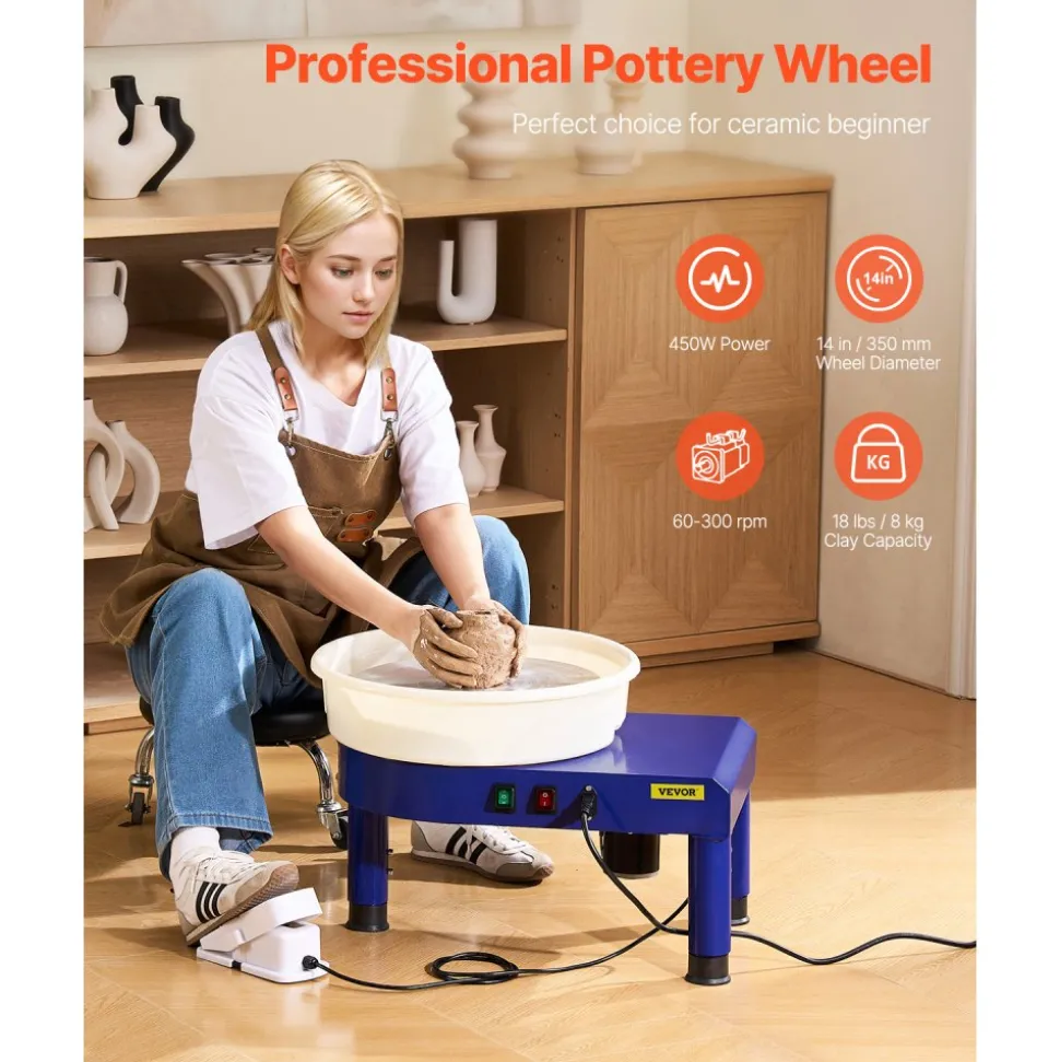 VEVOR Pottery Wheel, 14 in Ceramic Wheel Forming Machine, 60-300 RPM Speed Adjustable Foot Pedal, Adjustable Lift Leg, Detachable Basin, Complete Tool Accessory Kit for Work Art Craft DIY, Blue
