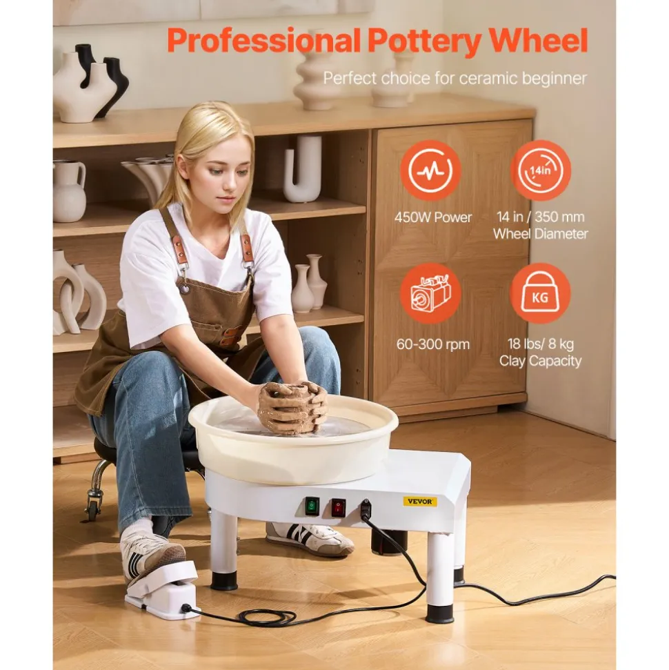 VEVOR Pottery Wheel, 14 in Ceramic Wheel Forming Machine, 60-300 RPM Adjustable Speed with Foot Pedal Control, Detachable Basin, Adjustable Lift Leg, Complete Accessories for Home Pottery, DIY, White