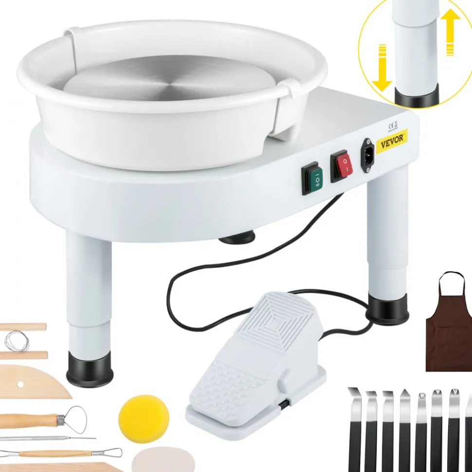 VEVOR Pottery Wheel, 11in Ceramic Wheel Forming Machine, 0-300RPM Speed Manual Adjustable 0-7.8in Lift Leg, Foot Pedal Detachable Basin, Sculpting Tool Accessory Kit for Work Art Craft DIY