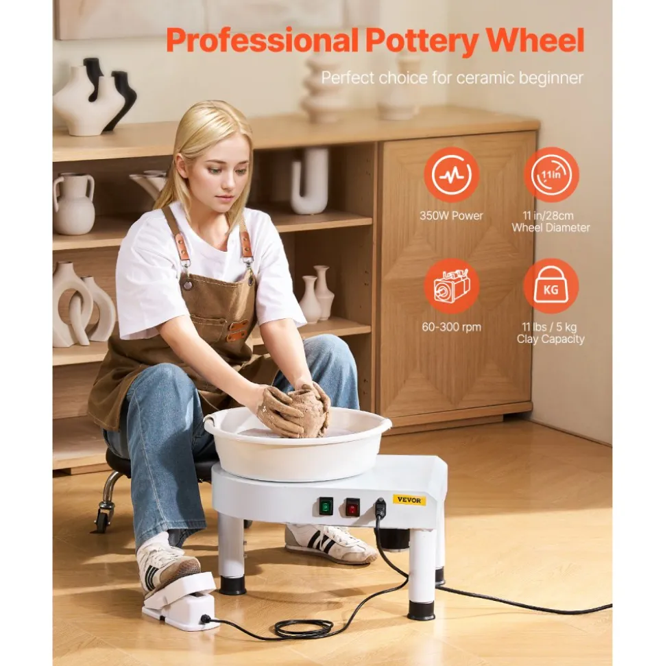 VEVOR Pottery Wheel, 11 in Ceramic Wheel Forming Machine, 60-300 RPM Speed Adjustable Foot Pedal, Adjustable Lift Leg, Detachable Basin, Complete Tool Accessory Kit for Work Art Craft DIY, White