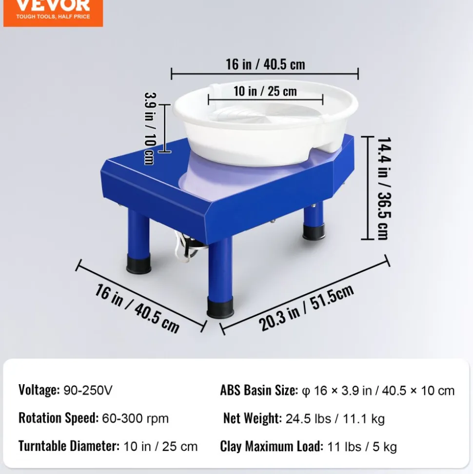 VEVOR Pottery Wheel, 10in Ceramic Wheel Forming Machine, Foot Pedal ABS Detachable Basin, 60-300RPM Adjustable Speed Manual LCD Panel, Sculpting Tool Apron Accessory Kit for Work Art Craft DIY
