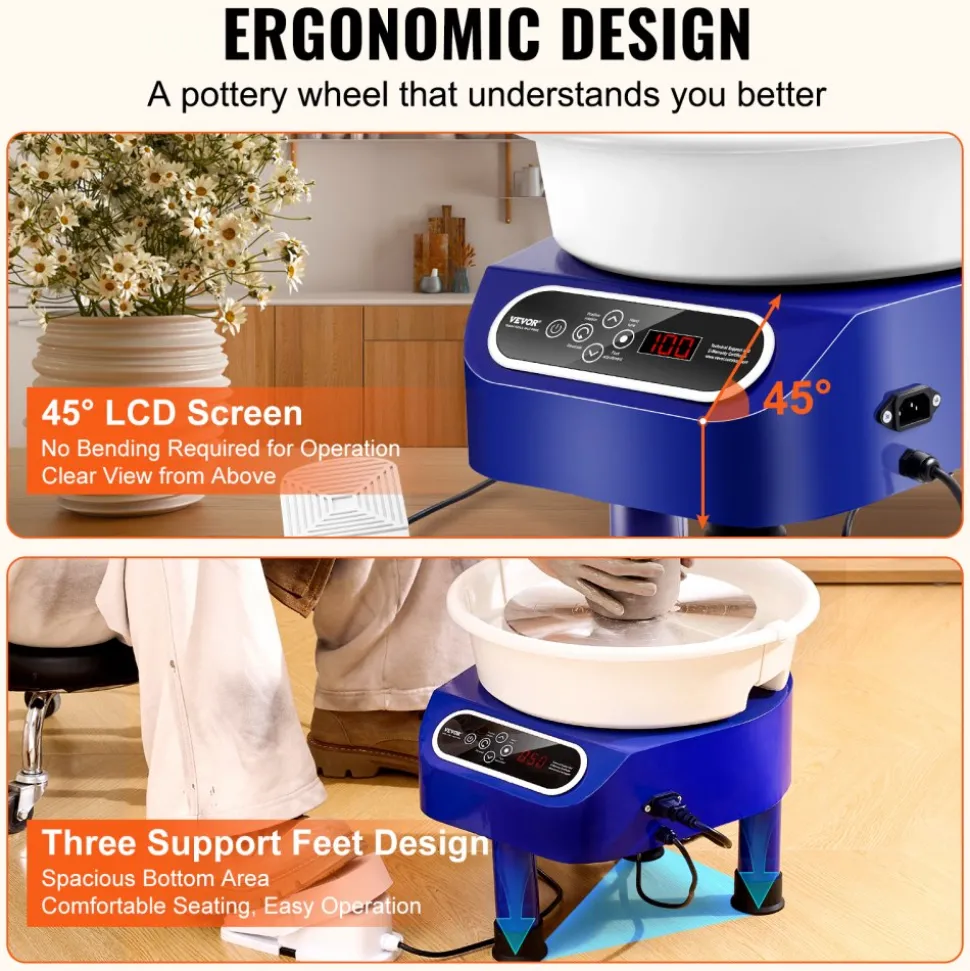 VEVOR Pottery Wheel, 10 inch Pottery Forming Machine, 350W Electric Wheel for Pottery with Foot Pedal and LCD Touch Screen, Direct Drive Ceramic Wheel with 3 Support Legs for DIY Art Craft, Blue
